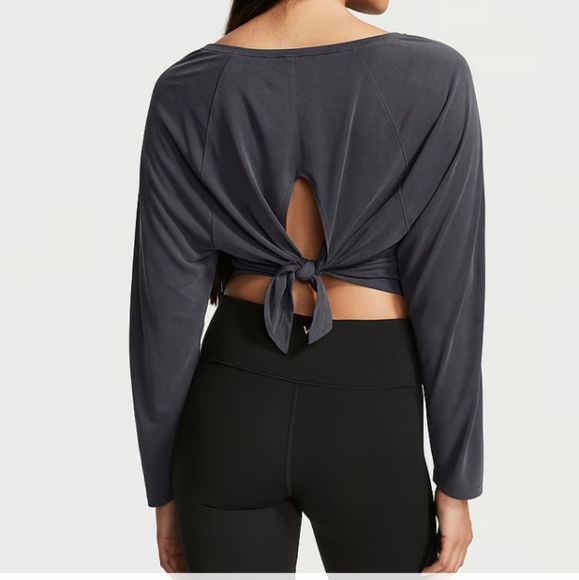 Victoria Secret-Sandwashed Long Sleeve Tie Back Top (Charcoal-Gray)-XL - Picture 3 of 5